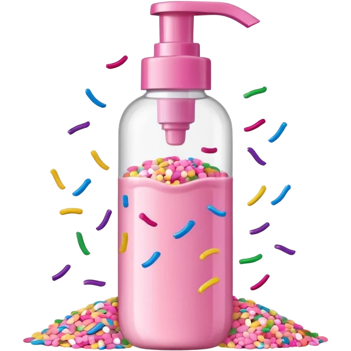 Pink shower gel light pink bottle with sprinkles and confeti on the bottle with a flip cap emoji