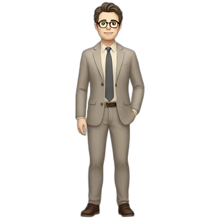 Full height Pale skinned Fit Man With dark brown hair in gray classic jacket, beige office shirt, Brown pants and vintage glasses. Thrumbs of his palms upwards emoji