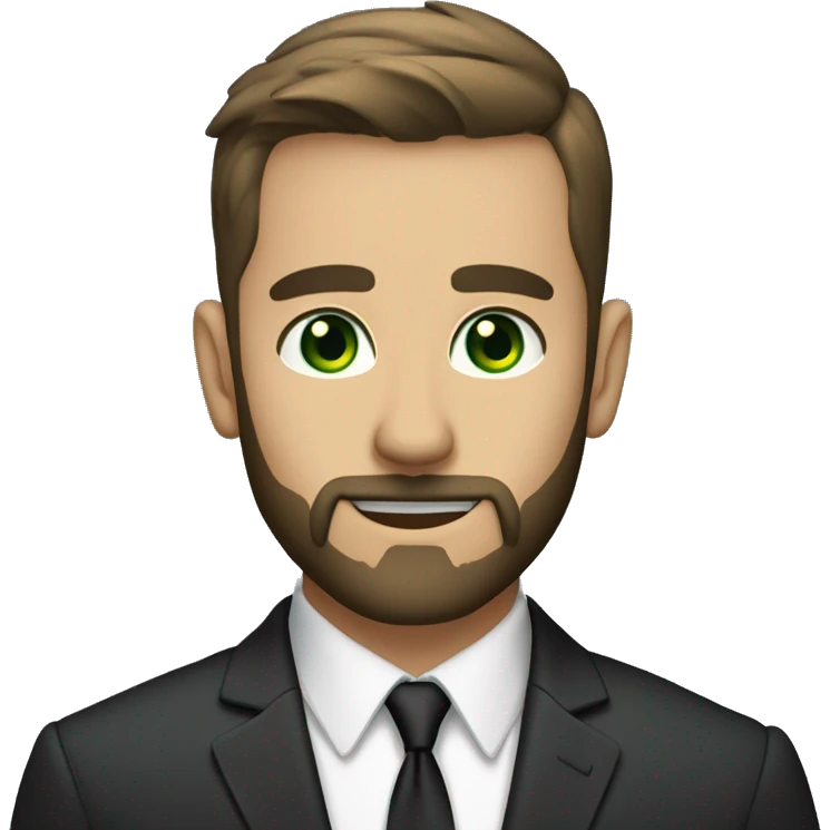 Finance guy, short black hare, green eyes, suit, beard like 3 days, white. crewcut emoji