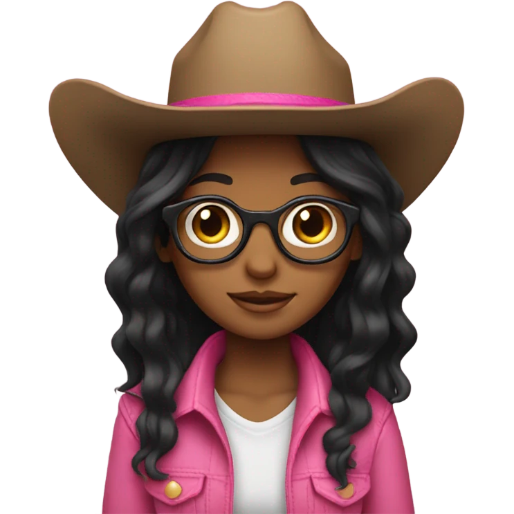 Girl with glasses and black long hair wearing a pink cowboy hat emoji