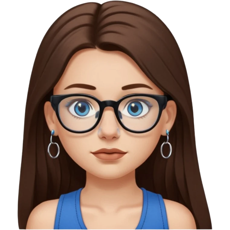 WHITE girl with long brown hair, part going more to the RIGHT side, BLUE eyes, wearing BLACK rectangle plastic frame glasses. SEPTUM nose piercing hoop (at bottom of nose) AND stud nose piercing on right side of nose. Wearing BLACK tank top. emoji
