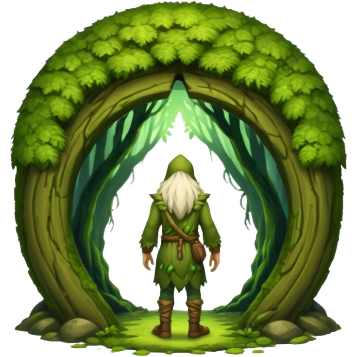 full body moss druid man, from behind walking into glowing forest portal emoji