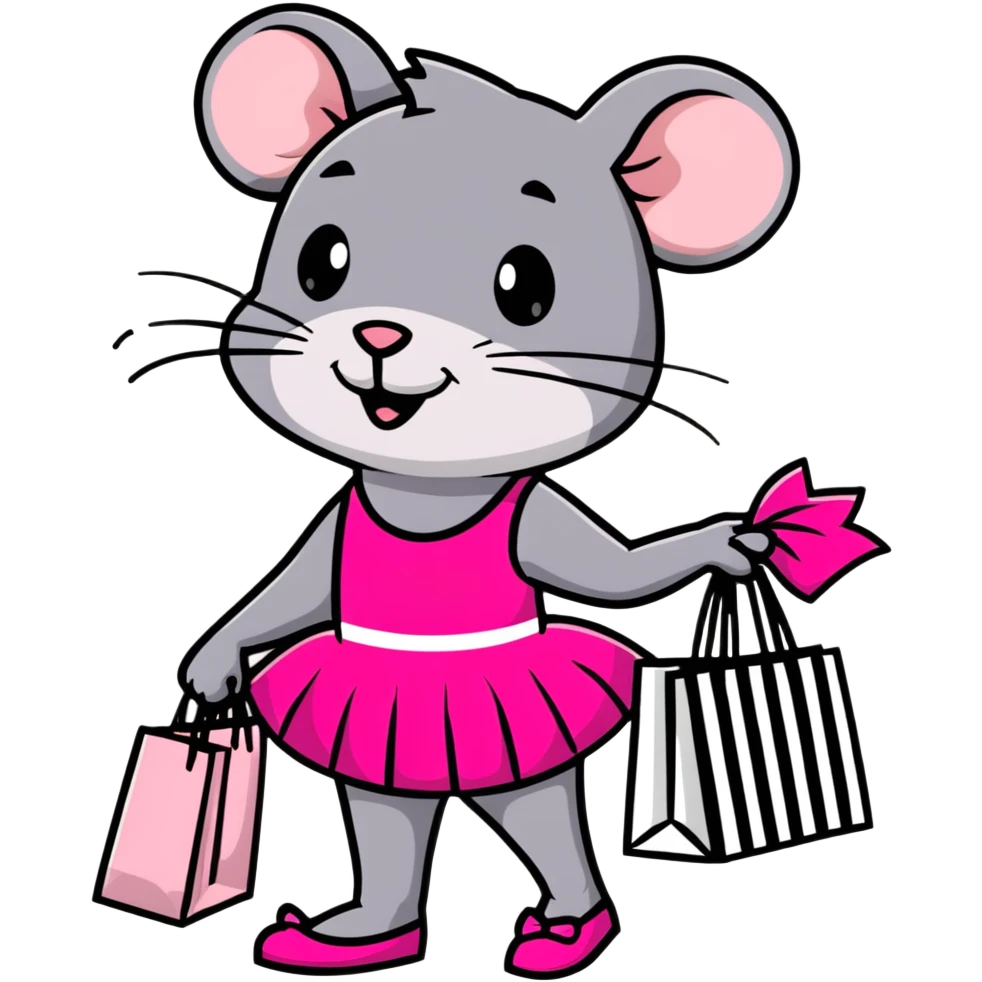 rat with a pink dress and tutu holding a black and white striped shopping bag emoji