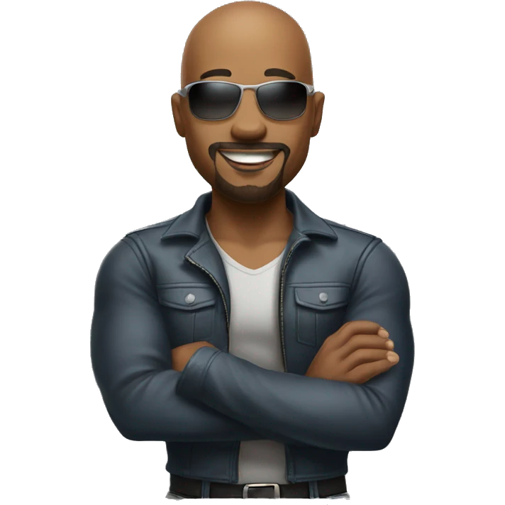 Smiling athletic bald attractive black man with goatee and sunglasses crossing arms and standing sideways emoji