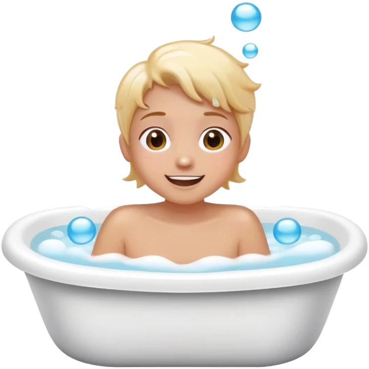 person taking a bath in a bathtub, lots of bubbles, cheerful expression, simple and cute emoji