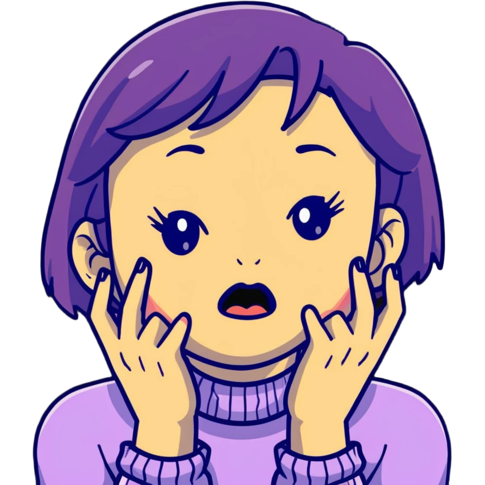 cartoon style girl showing emotional distress, hands at her throat, exaggerated facial features emoji
