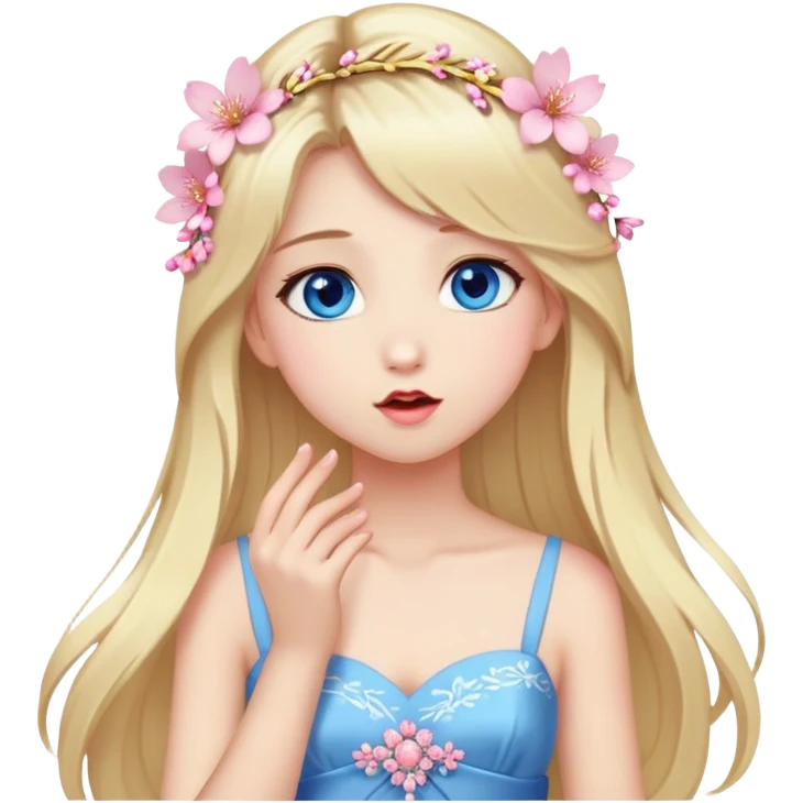 Girl with long blond hair and sakura accessories on her hair with a long dress and have blue eyes beautiful finish and she sending lovely kisses  emoji