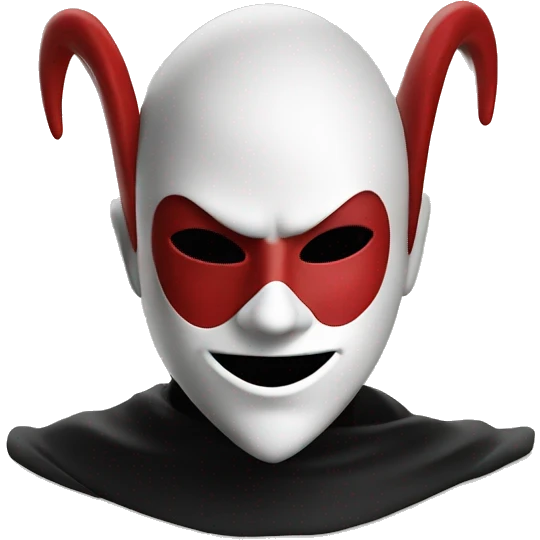 A red and black jester with a white minimalist mask with two red cuts on his eyes and an open mouth smiling empty emoji