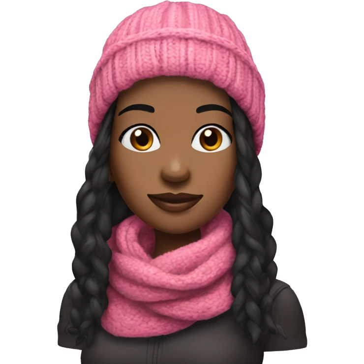  pretty black woman beanie long black hair with winter pink neck scarf  emoji