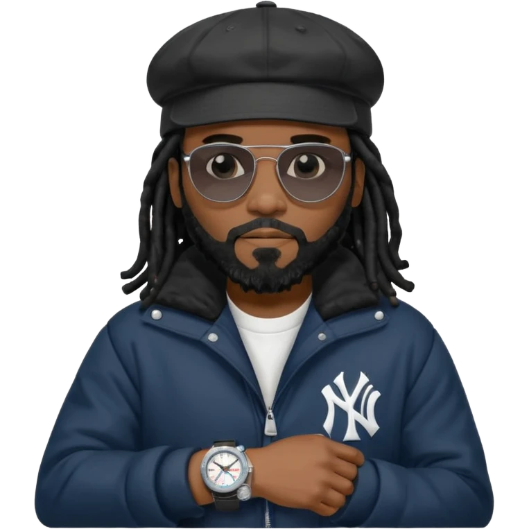 African American man with shoulder length black dreadlocks with black beard wearing black sunglasses wearing a black bubble winter coat and a New York Yankees baseball cap looking at watch emoji