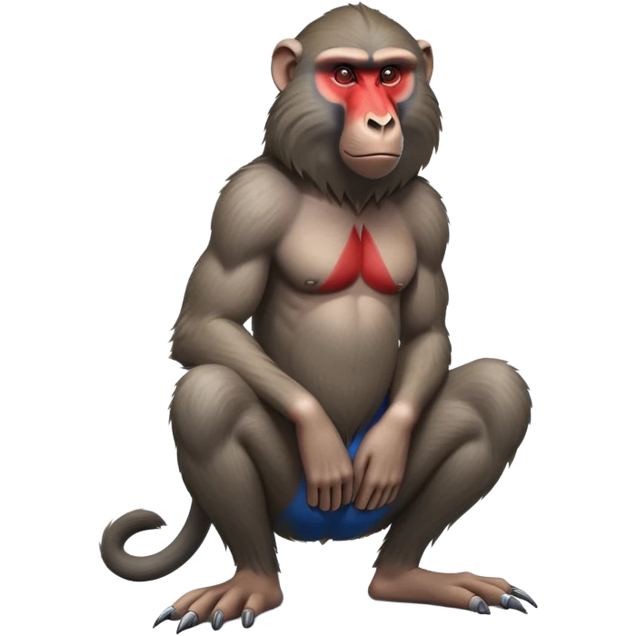 cinematic-baboon-realistic-full-body-sitting-emoji,-muscular-arms-resting-on-its-knees,-head-tilted-dramatically,-thick-grey-and-brown-fur,-bright-red-and-blue-muzzle-standing-out,-simplified-yet-realistic-focused-features,-highly-detailed,-glowing-with-an-almost-sarcastic-glow emoji