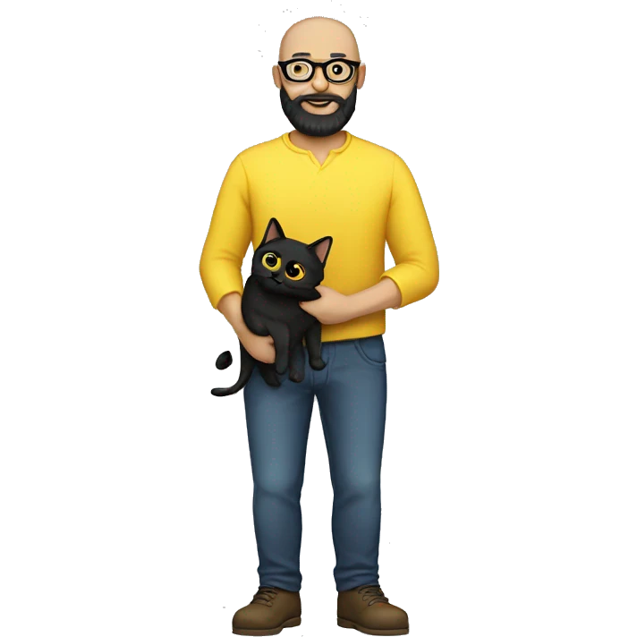 A bald man with glasses and black beard holding a yellow cat full body emoji