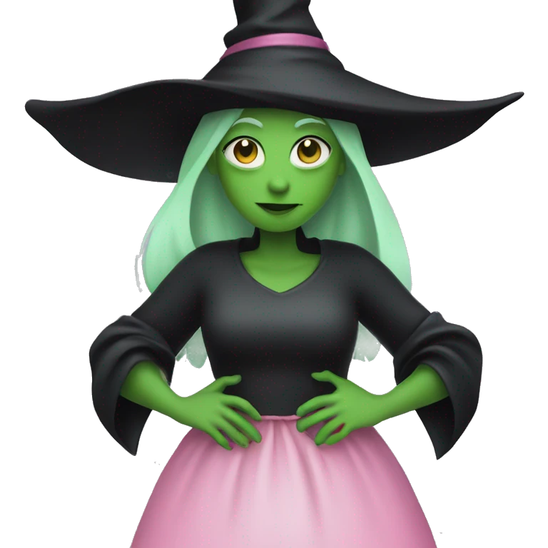 Witch dressed in black with green skin hugging pink dressed white witch emoji