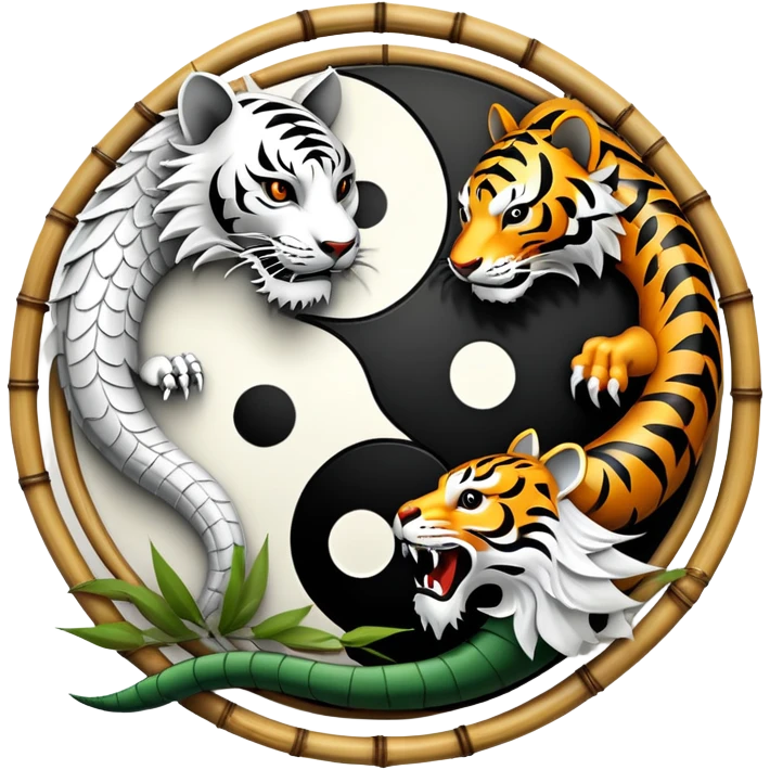 An icon symbolizing Eastern martial arts in the style of an emblem, with a black-and-white Yin-Yang symbol at the center. A dragon and a tiger are placed on either side, representing strength and wisdom. The design includes bamboo and traditional elements. Transparent background emoji