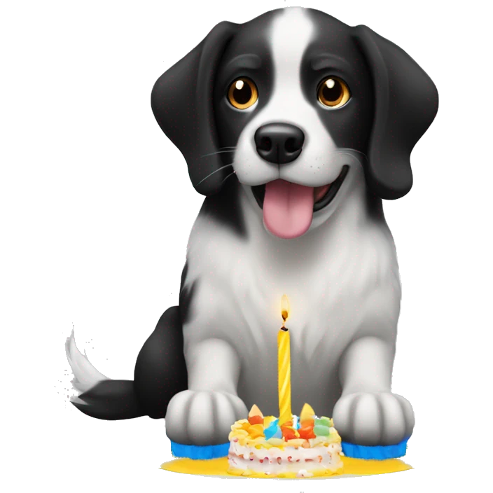 black and white dog blowing birthday candles emoji