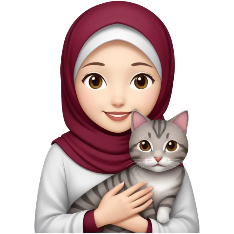 Asian White girl wearing maroon hijab wearing a white dress holding a black grey tabby cat while smiling.  emoji