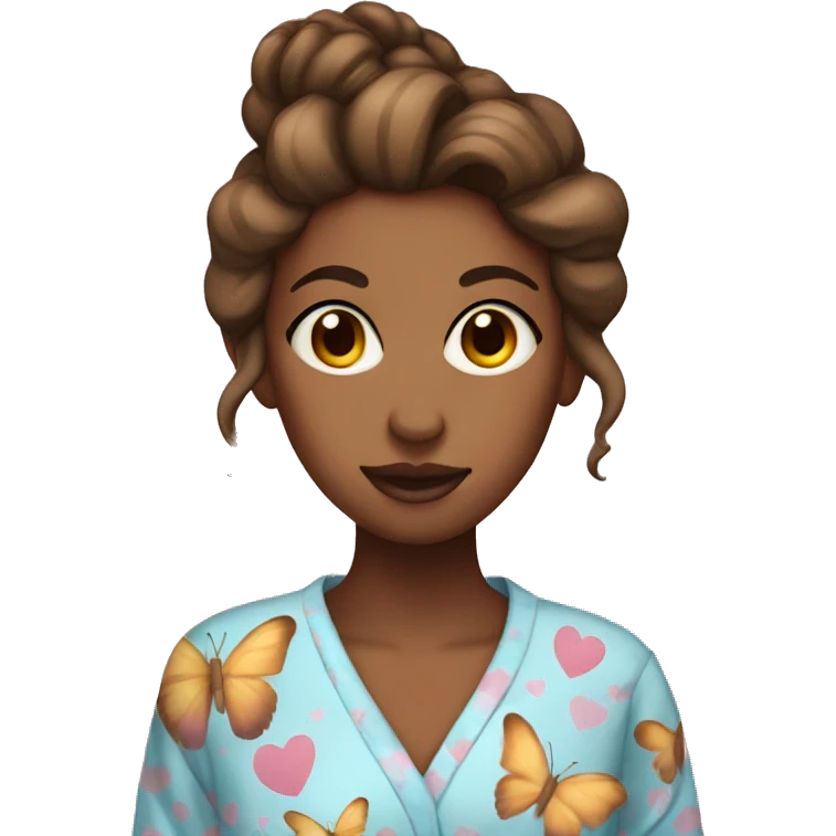 Brown female with messy hair in a bun wearing a pajama dress with a butterfly heart on it  emoji