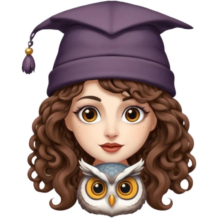 portrait woman long curly brown hair brown eyes white skin tattoos wearing owl hat oversized, playful wink emoji