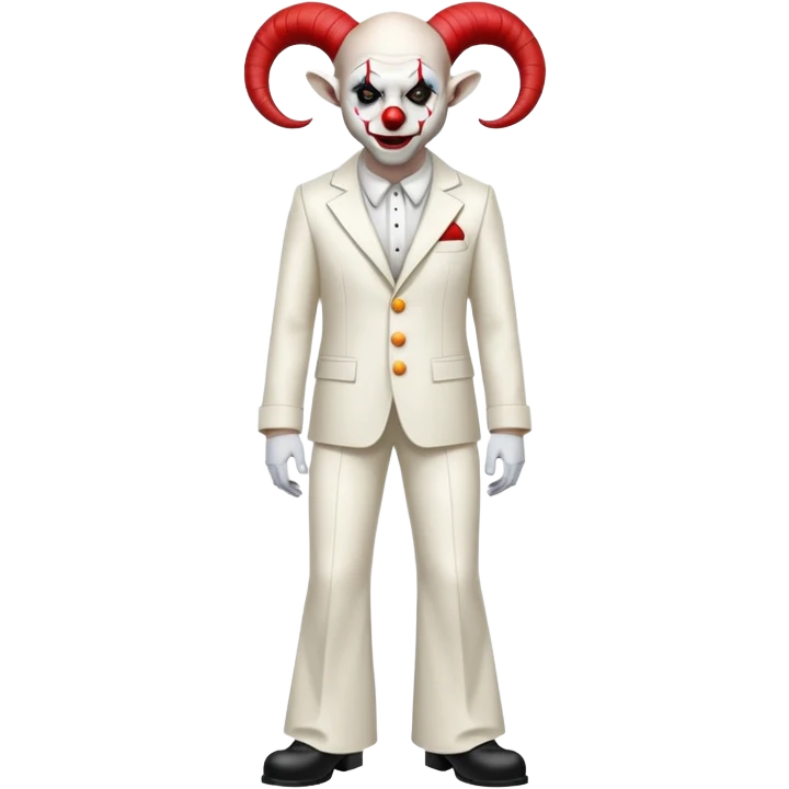 full-body demonic clown in a white leisure suit with bellbottom pants, bald, with black ram horns, wearing elevator shoes emoji
