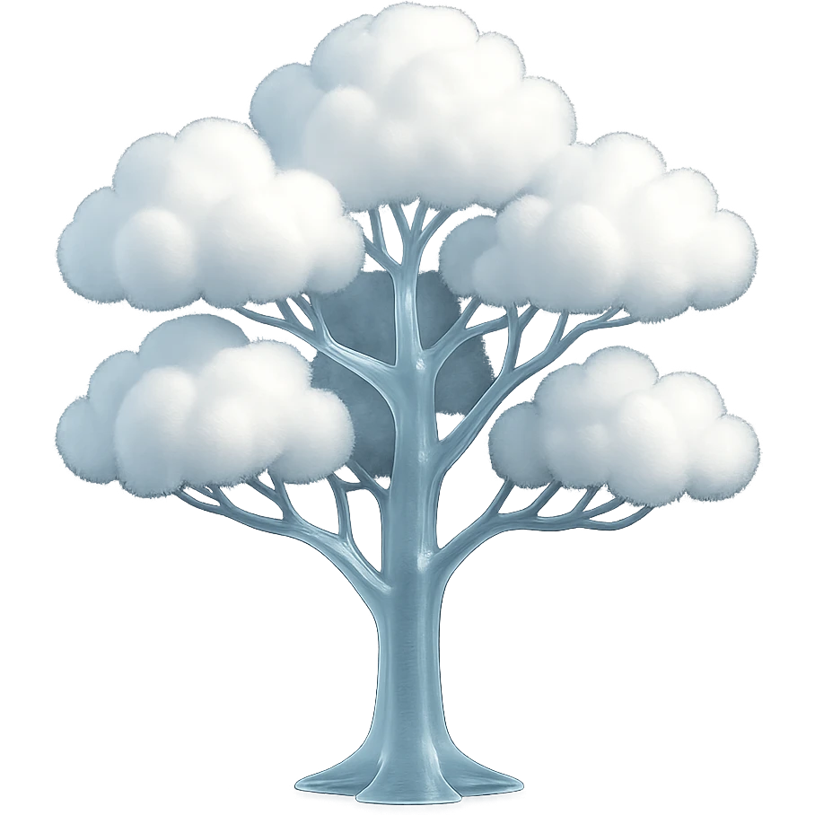 one tree with many branches and a white trunk, crown made of small very bright white fluffy convex clouds, matte glass style emoji
