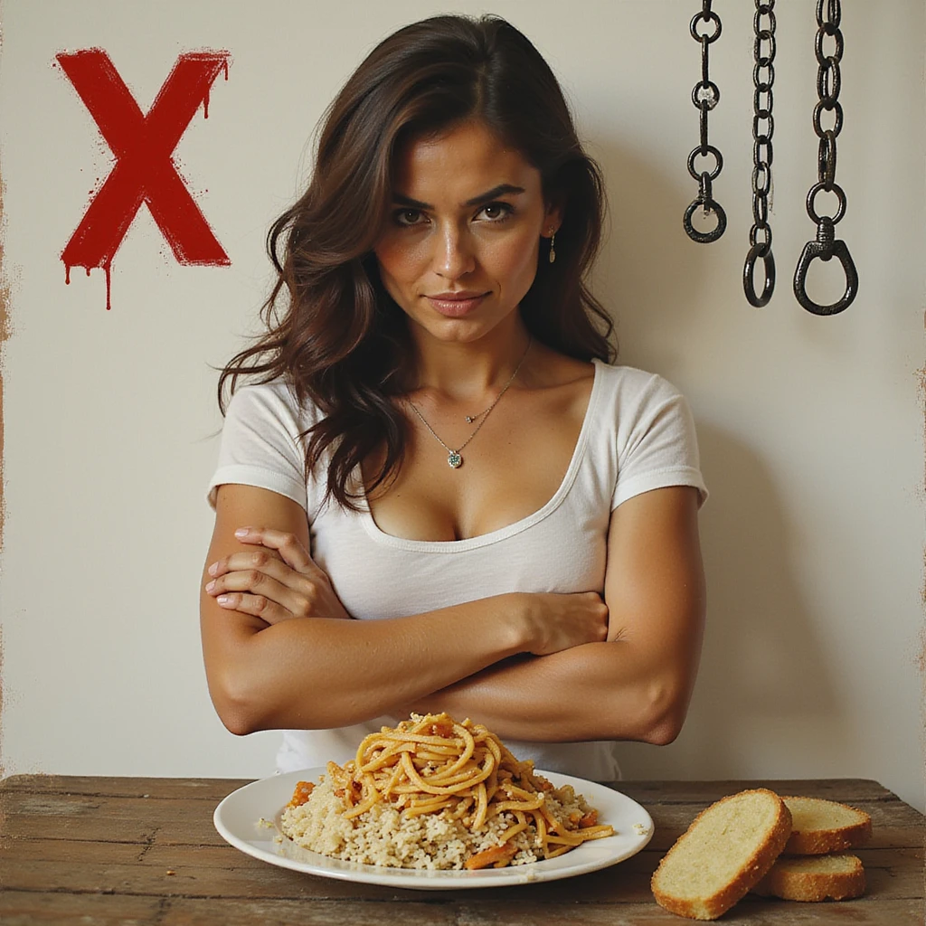 realistic style woman with defensive expression, crossed arms, face turned away from a plate of bread, pasta, rice, and potatoes, symbols of refusal including a red Italian X and chains, Italian text if present emoji
