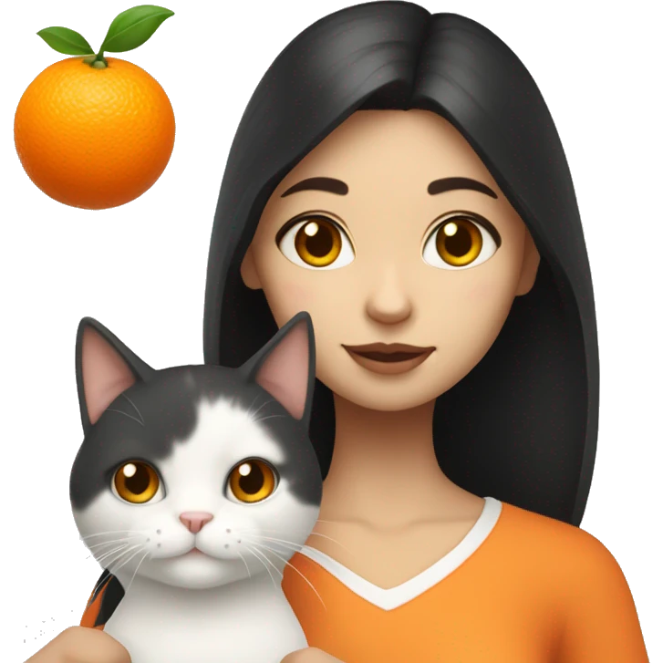Girl with dark hair and white skin holding orange and white cat   emoji