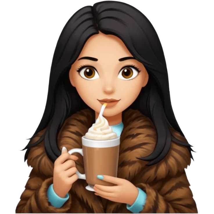Tanned Girl with lashes , bright black long hair, in an extremely big fluffy brown fur mustang, and drinking hot chocolate drink emoji