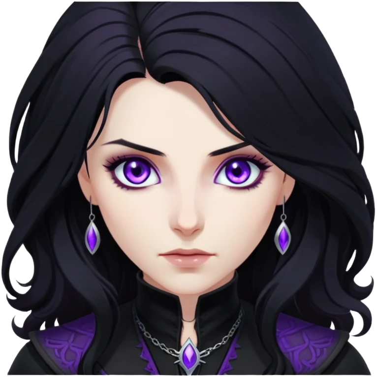 Yennefer from Witcher with long black hair, violet eyes, pale skin, wearing black clothes emoji