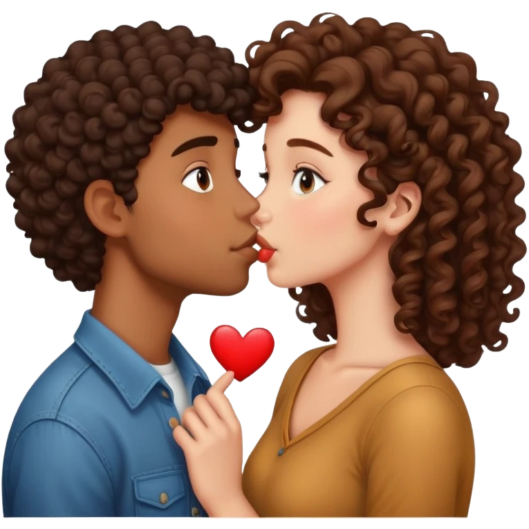Brown boy kissing curly brunette girl emoji