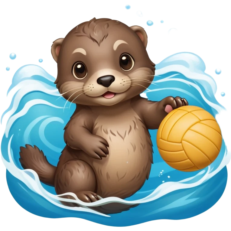 super cute baby otter floating on clearly visible blue water with waves, tiny baby otter with big eyes holding a volleyball with both small paws above water emoji