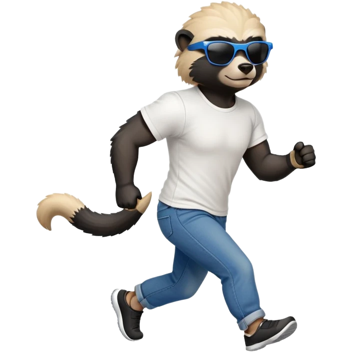 friendly anthropomorphised honey badger in jeans and a t-shirt, wearing sunglasses, jogging upright, standard pose emoji