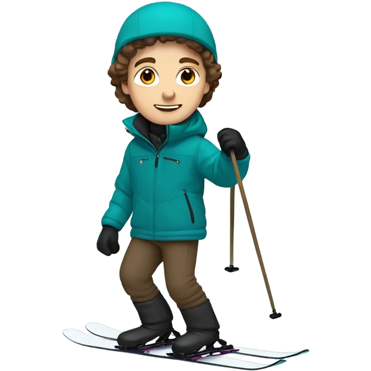 white Boy with wavy brown hair skiing on teal skis. He is wearing all black snow pants and a gray jacket   emoji