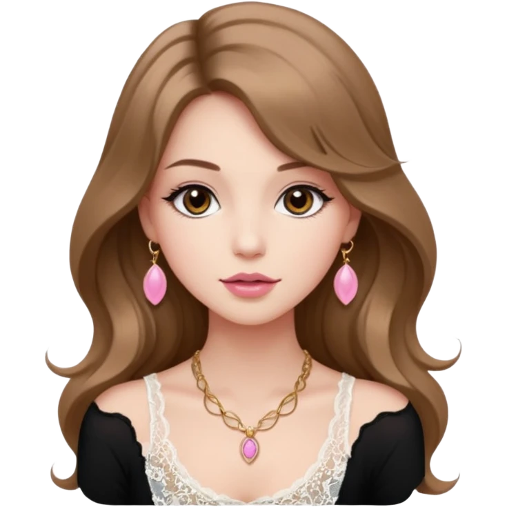 fair-skinned girl with dark brown, slim shaped eyes and long lashes. long, light brown hair styled in a voluminous, wavy blowout. wearing a delicate white lace tank top and a dainty gold necklace, plump pink lips. emoji
