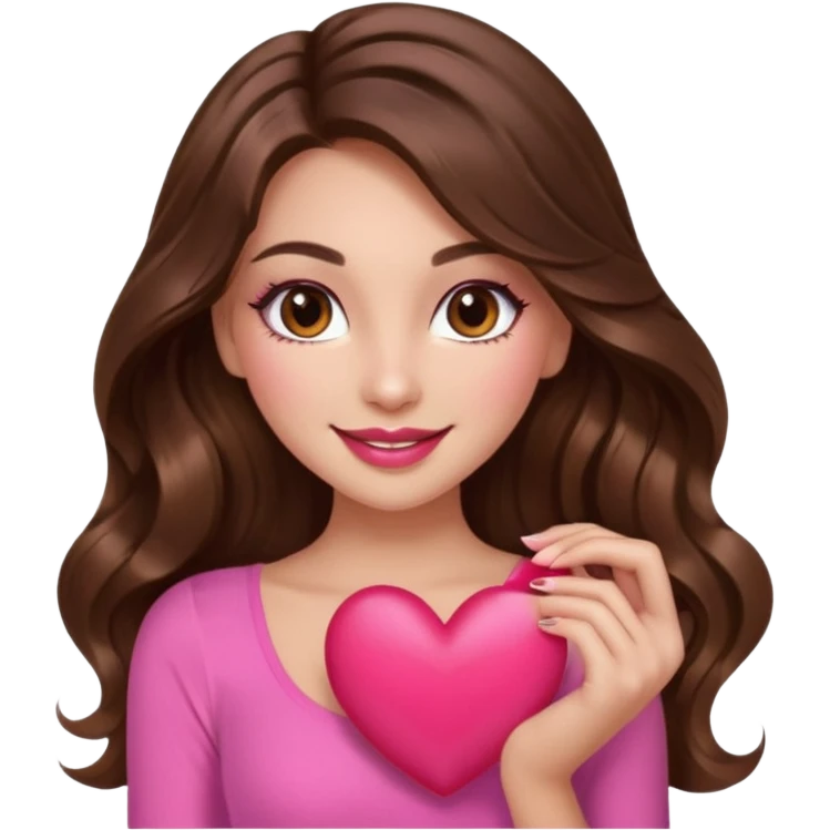 girl with long wavy brown hair, brown eyes, long lashes makeup, sexy pink lips, light to medium complexion, wearing a pink sexy top, smiling, holding a big heart emoji