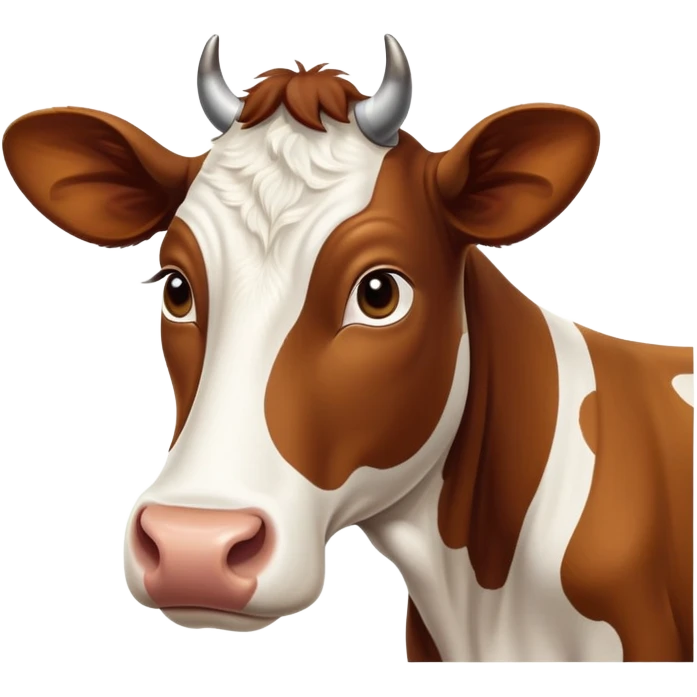 cinematic-noble-brown-and-white-cow-portrait-emoji,-poised-and-regal,-with-a-large,-sturdy-build-and-a-beautifully-patterned-hide-of-rich-brown-accented-by-crisp-white-patches,-deep-set-soulful-brown-eyes,-simplified-yet-sharp-and-sophisticated emoji