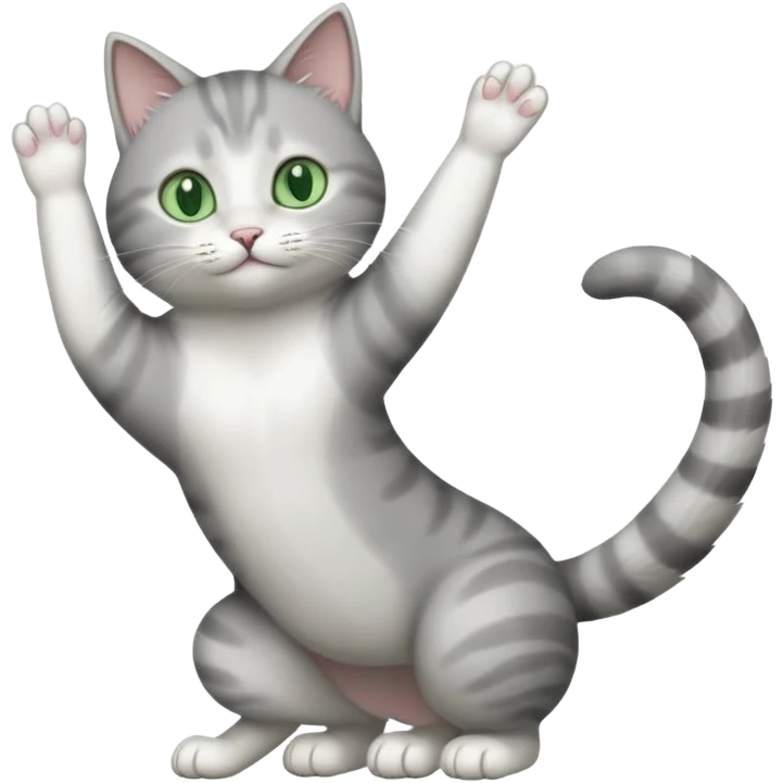 grey and white cat with green eyes doing a big extremely long stretch reaching up into the air with arms and legs side by side together straight and overextended emoji
