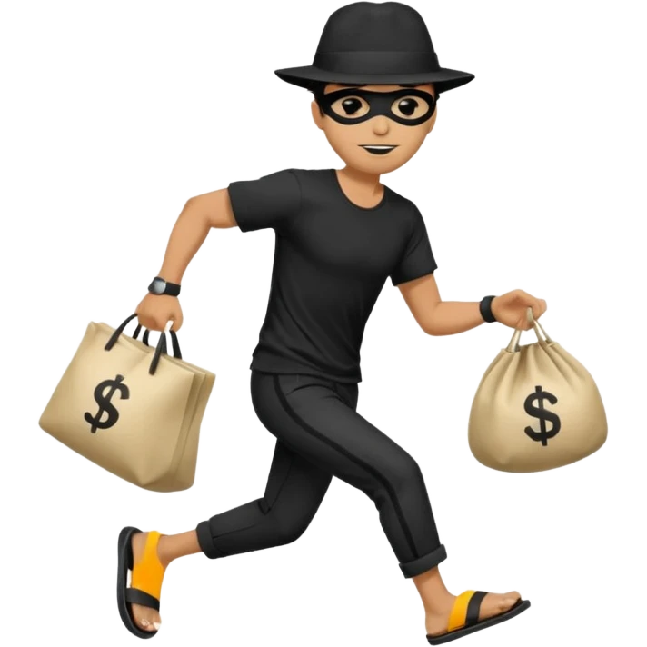 Make a man wear a black pant and he shirt is balck line and white line and wear a black hat and he holding a money bag and he running he wear a black eye thing no money in the Left hand and he yellow and the money bag in the right he wear a flip flop like this is Money bag 💰 NO MONEY emoji