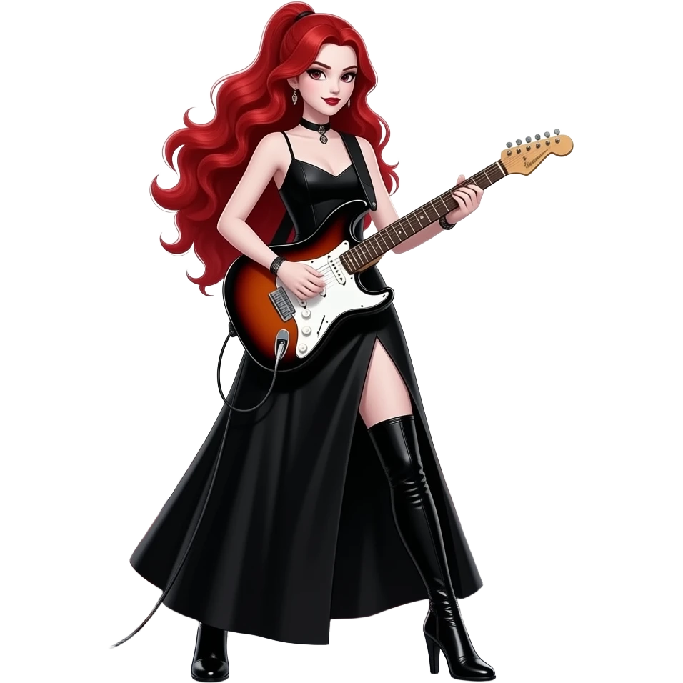 Vampiro femmina ADOLESCENTE con pelle bianca e capelli rosso ondulati lunghi raccolti in una mezza coda che indossa un vestito  lungo fino ai piedi nero e stivali lunghi con tacco neri che sta suonando una chitarra su un palco davanti a un sacco di fan VAMPIRI emoji