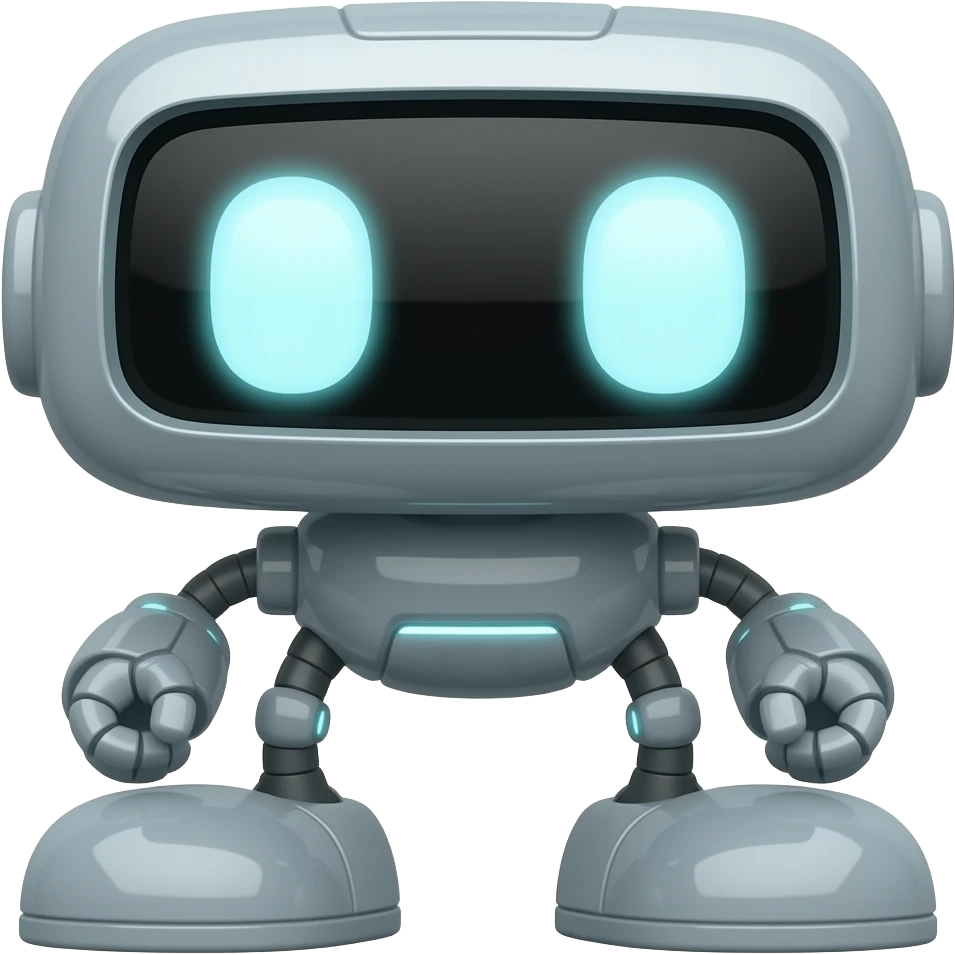 A platform with 2 legs facing forward with glowing white eyes and with no arms and also big carrying a tiny robot also made of plastic emoji