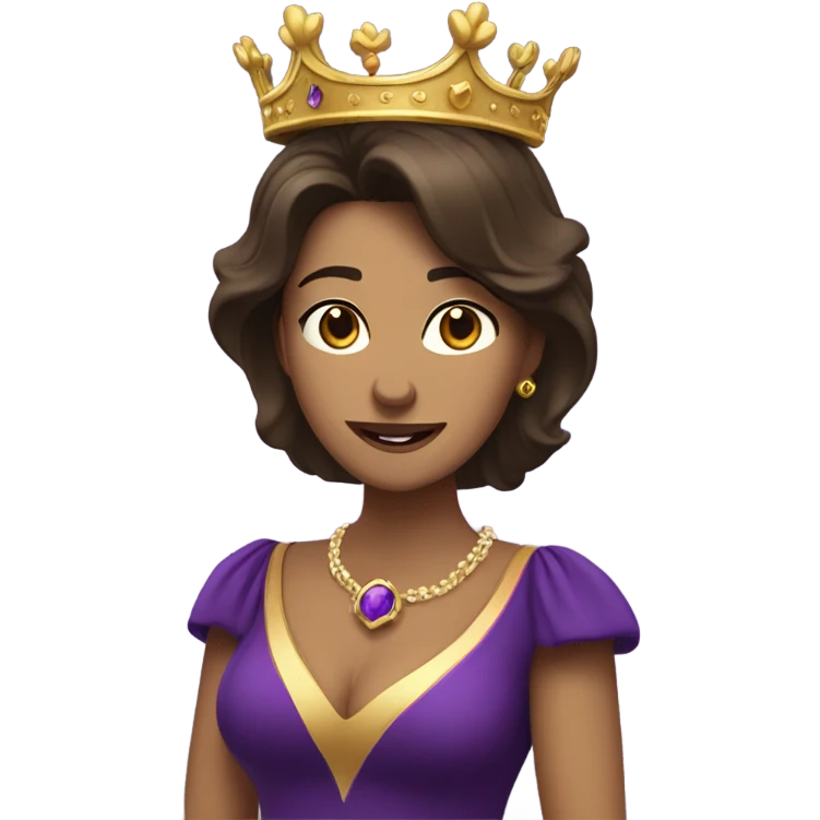 Caucasian long  brunette woman wearing formal royal purple robes and a crown who is pouring her heart out to the man she adores  emoji