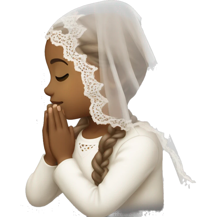 Light skin girl praying with eyes closed and lace white veil with brown boy emoji
