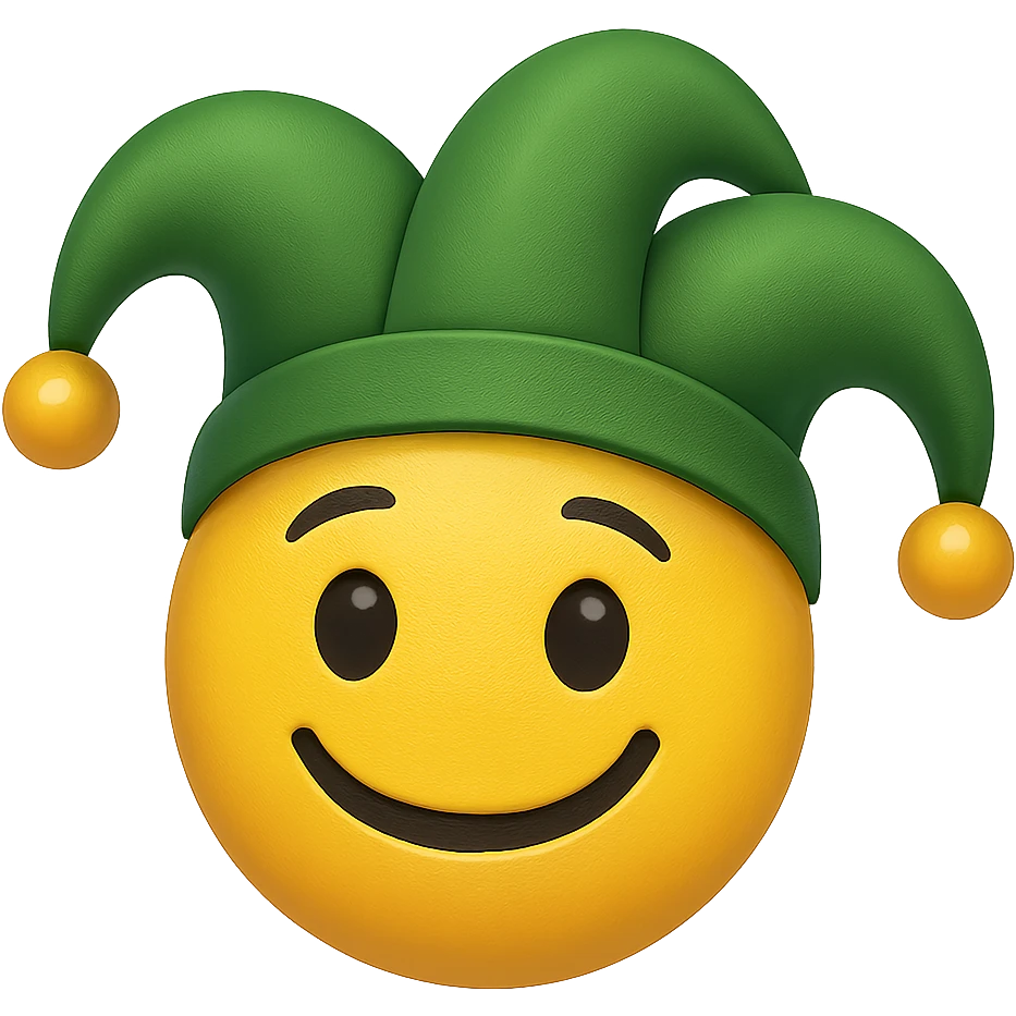 yellow face with green jester hat, digital illustration, emoji style, no background emoji