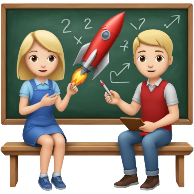 Girl is teaching a guy how to make rocket emojis. Girl at blackboard, guy on bench learning. emoji