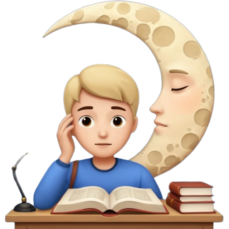 a tired person infront of a book learning with moon and stars behind emoji