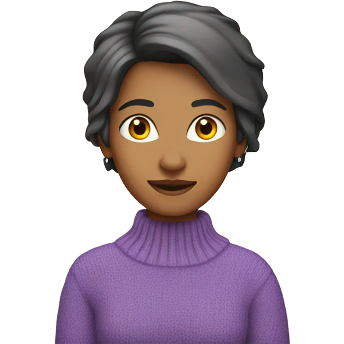 Indian Woman short hair to her ears, wearing a purple sweater, jeans a emoji