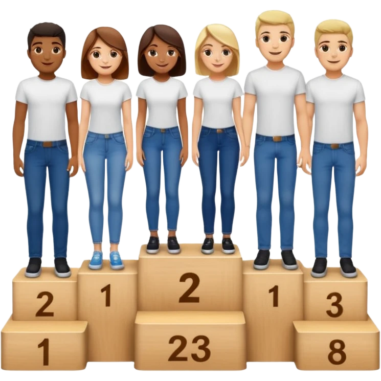 show people on podium in first, second and third place.  The podium should be labled 2, 1, 3.  The middle position should only have the number 1.  the people should be dressed in relaxed clothes like jeans and t-shirts emoji