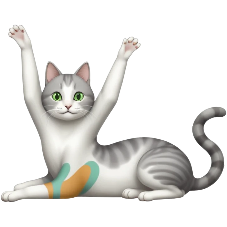 grey and white cat with green eyes doing a big extremely long stretch reaching up into the air with arms and legs side by side together straight and overextended whilst lying on its side emoji