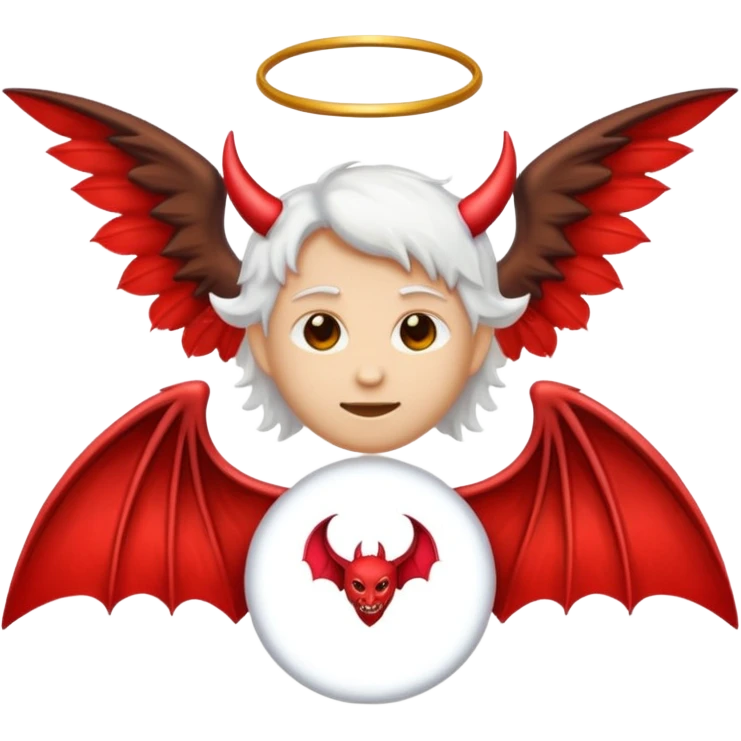 emoji split down the middle, one side angel with halo and white wing, other side devil with red horn and bat wing emoji
