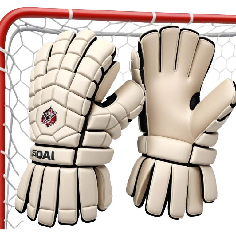 Cinematic Realistic image of goalie gloves showcasing detailed fabric textures and intricate grip patterns, rendered against a blurred goal backdrop with focused, high-contrast lighting that accentuates their essential design emoji