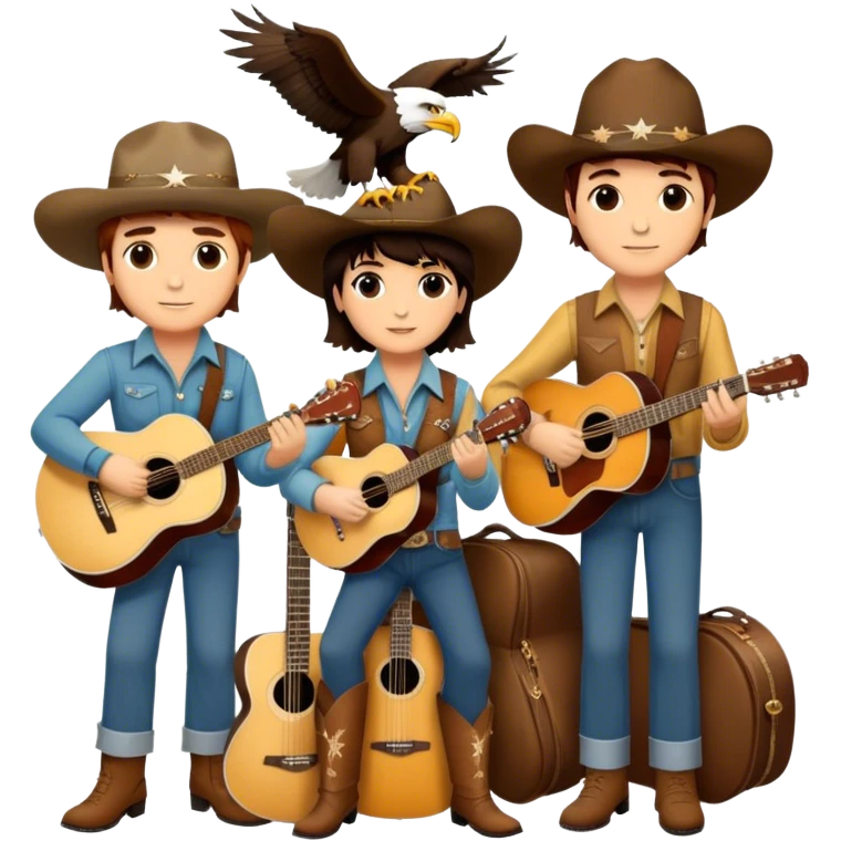 Icon for Country Music: A collage featuring Eagles as a band, Ricky Nelson, and Linda Ronstadt. Acoustic guitars, banjo, cowboy hats and a vintage Americana aesthetic evoke the spirit of classic country and country rock. Warm earthy tones. Transparent background. emoji